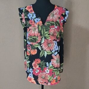 Fourteenth Place Black Floral Sleeveless Blouse Size Medium